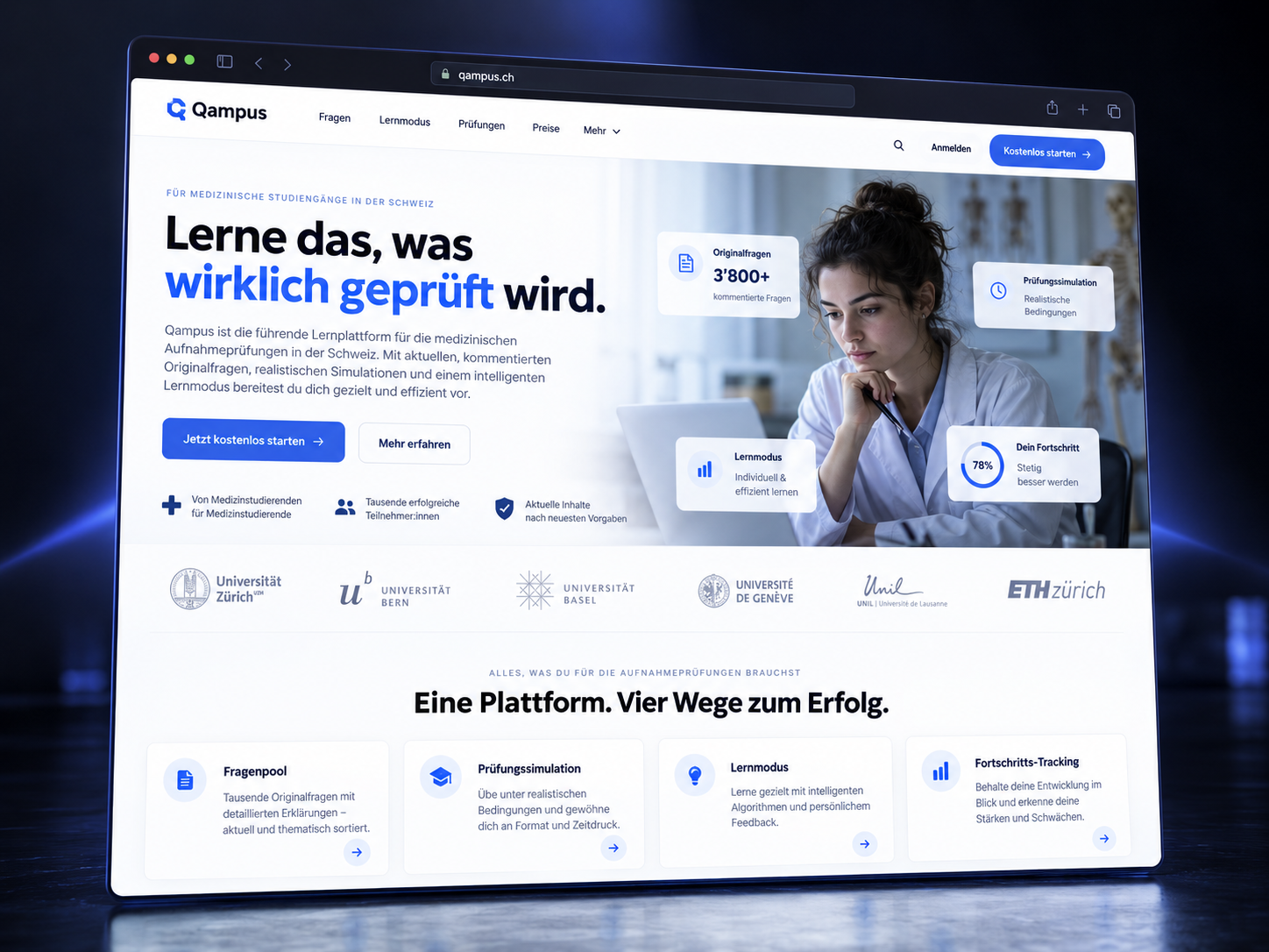 Qampus learning platform shown in a browser window on a dark studio surface