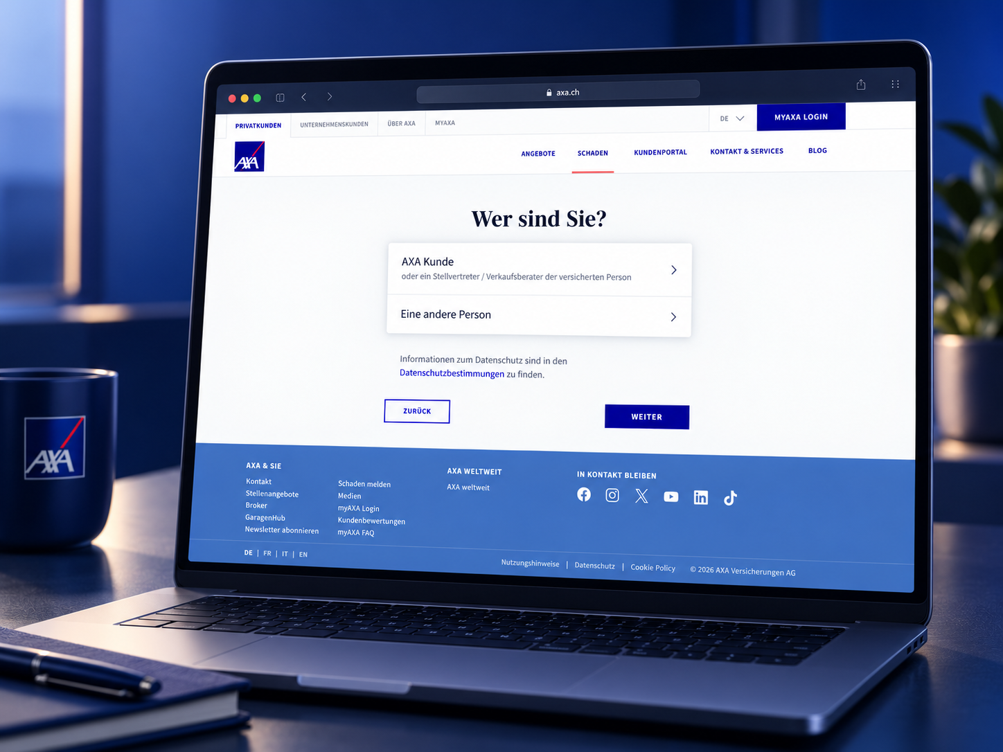 AXA Switzerland motor insurance claims portal displayed on a laptop screen