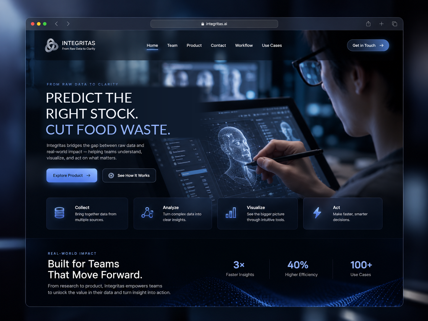 Integritas concept product interface shown in a browser window over a dark working scene
