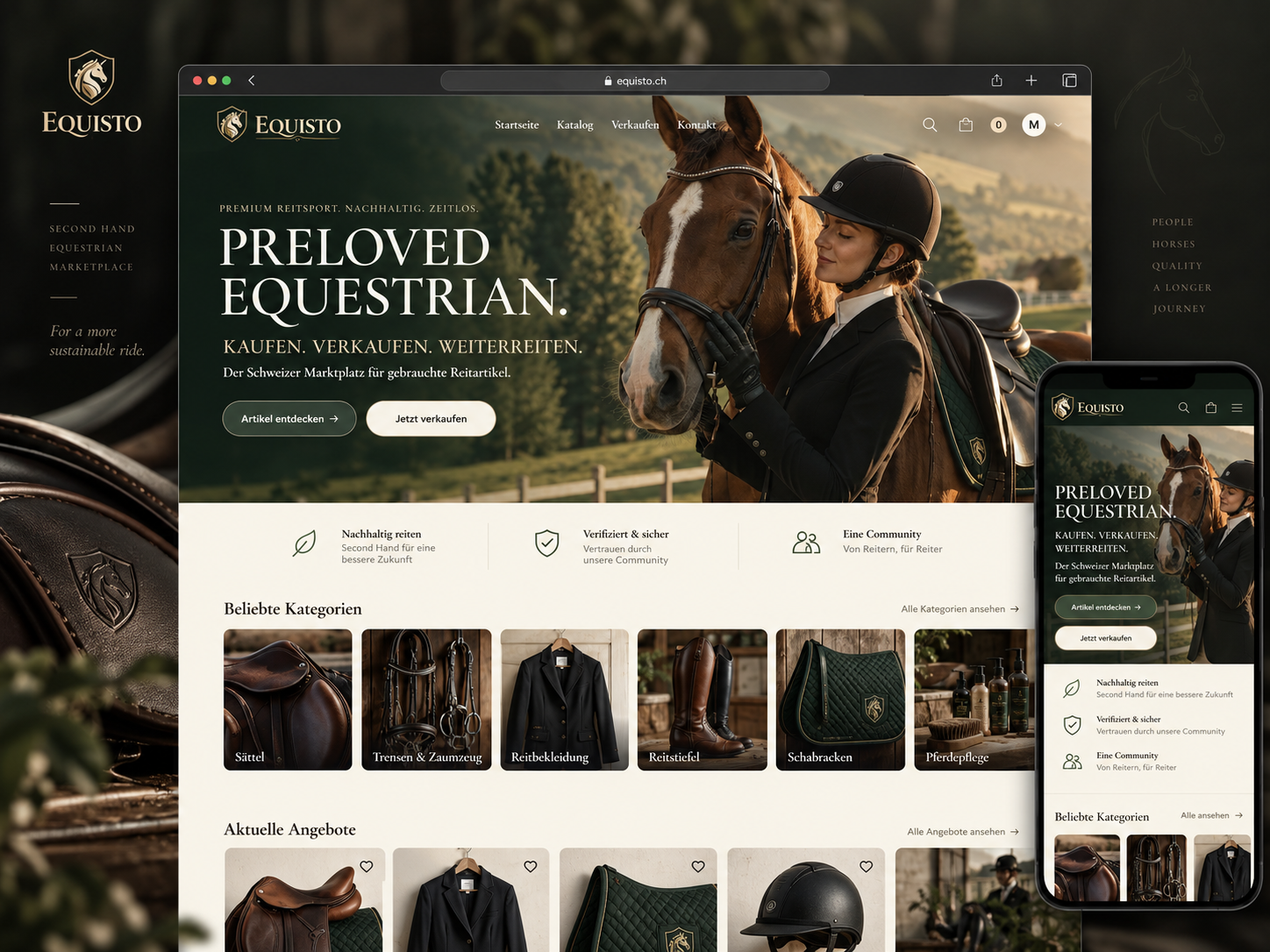 Equisto second-hand equestrian marketplace shown on a desktop browser and a smartphone