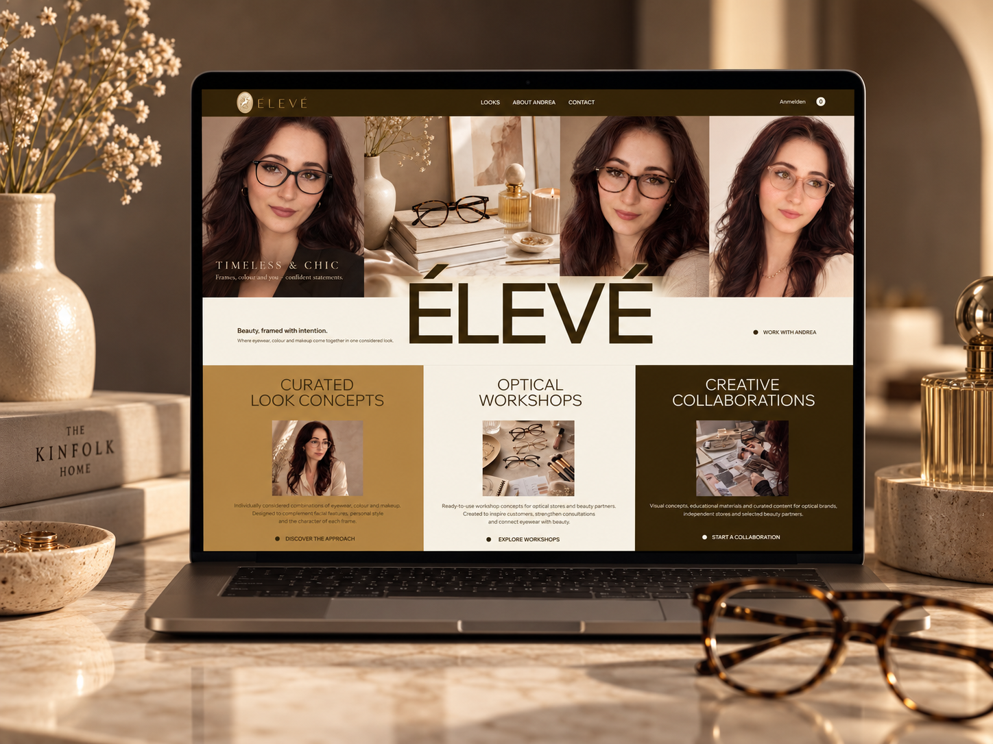 Élevé editorial eyewear and beauty website shown on a laptop in an editorial still-life setting