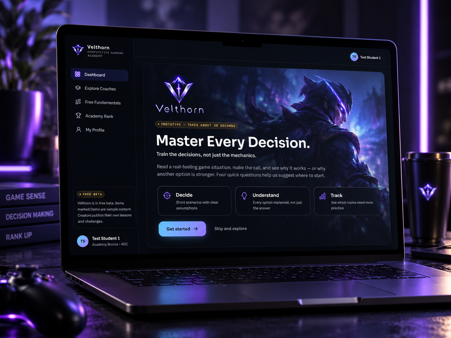 Velthorn competitive gaming academy presented on a laptop in a dark gaming setup