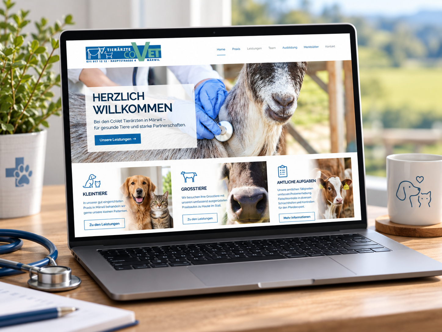 CoVet veterinary practice website shown on a laptop in a bright clinic setting