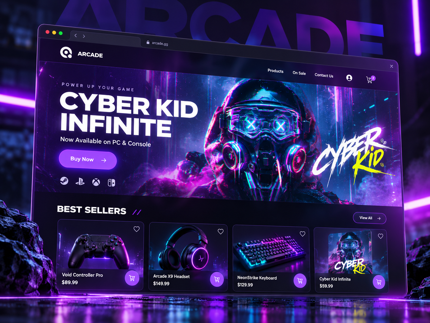 Arcade concept gaming storefront shown in a browser window on a neon cyberpunk stage