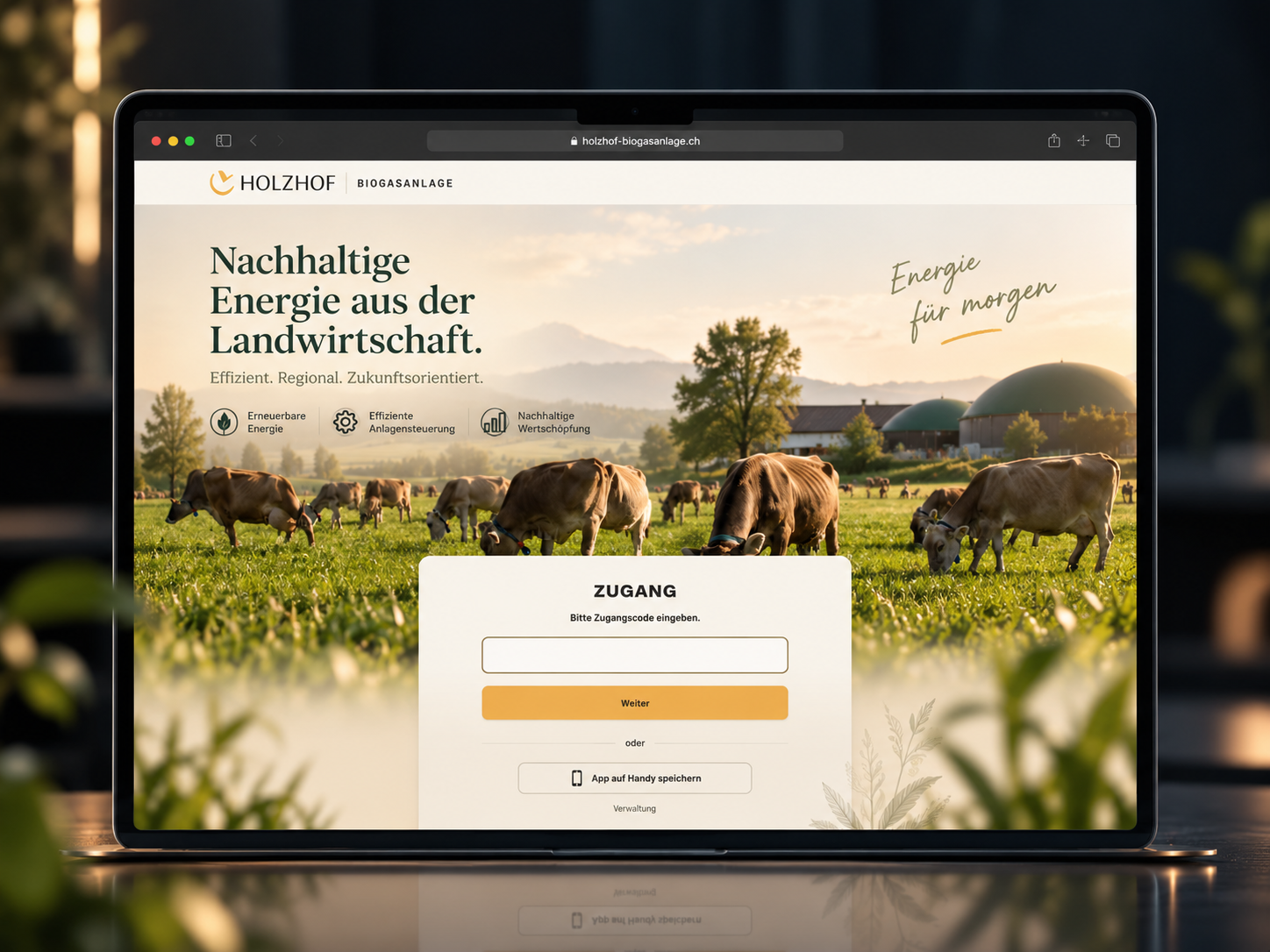 Holzhof Biogasanlage web application shown on a laptop in a warm indoor setting
